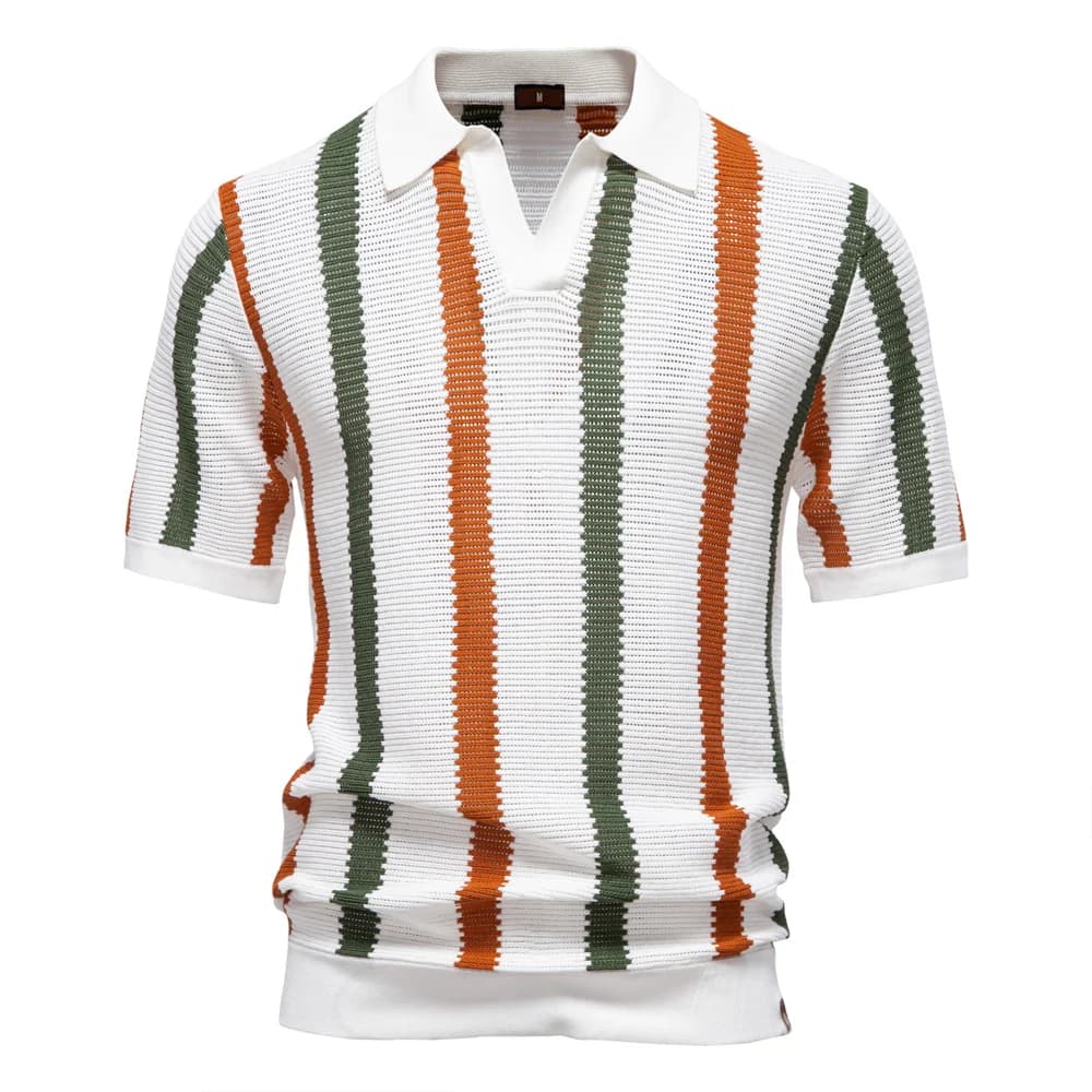 Camisa polo masculina tropical em branco com listras verde militar e laranja