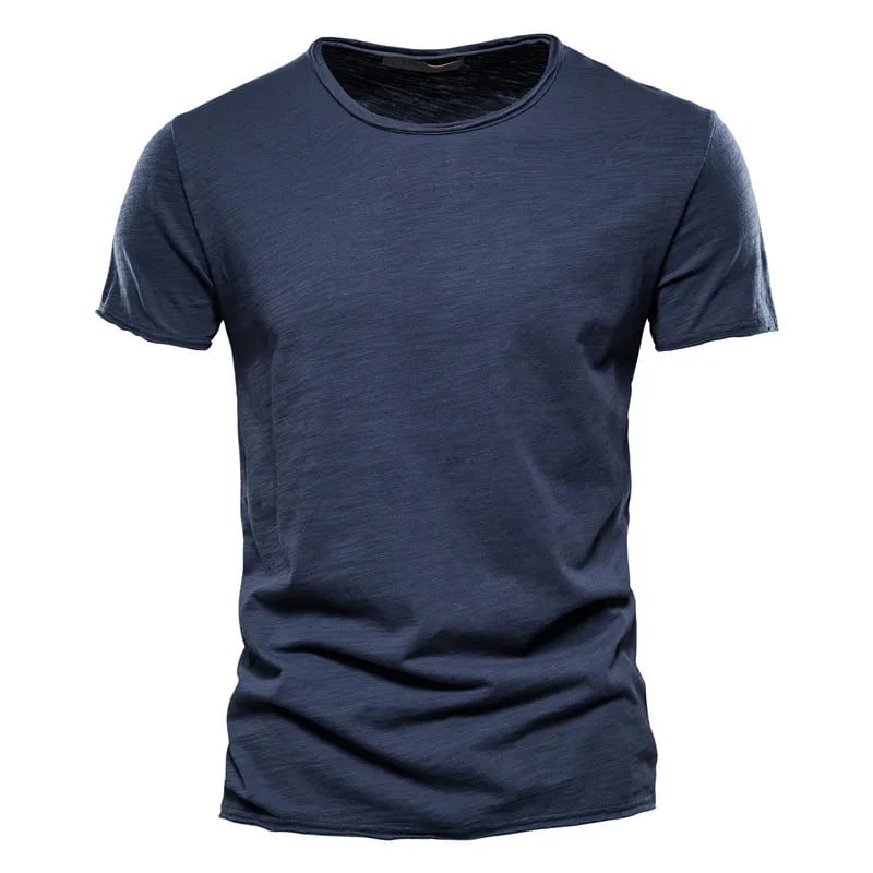Camiseta masculina manga curta azul marinho, gola redonda slim em algodão – estilo casual