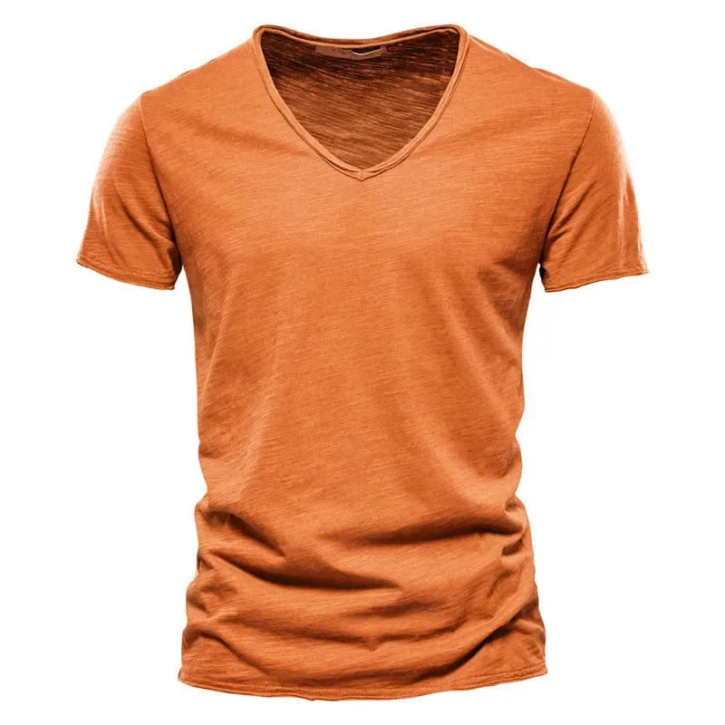 Camiseta masculina manga curta laranja, gola V slim em algodão – estilo casual