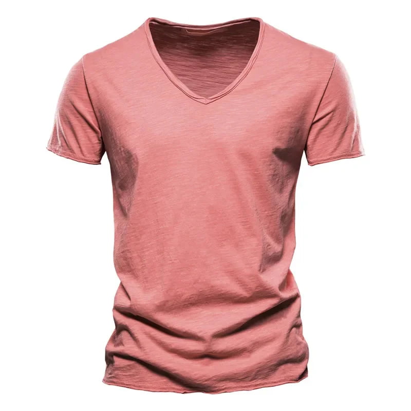 Camiseta masculina manga curta vermelha, gola V slim em algodão – estilo casual