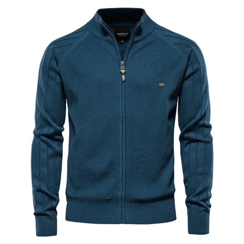 Cardigan masculino azul petróleo de tricô com gola alta e zíper