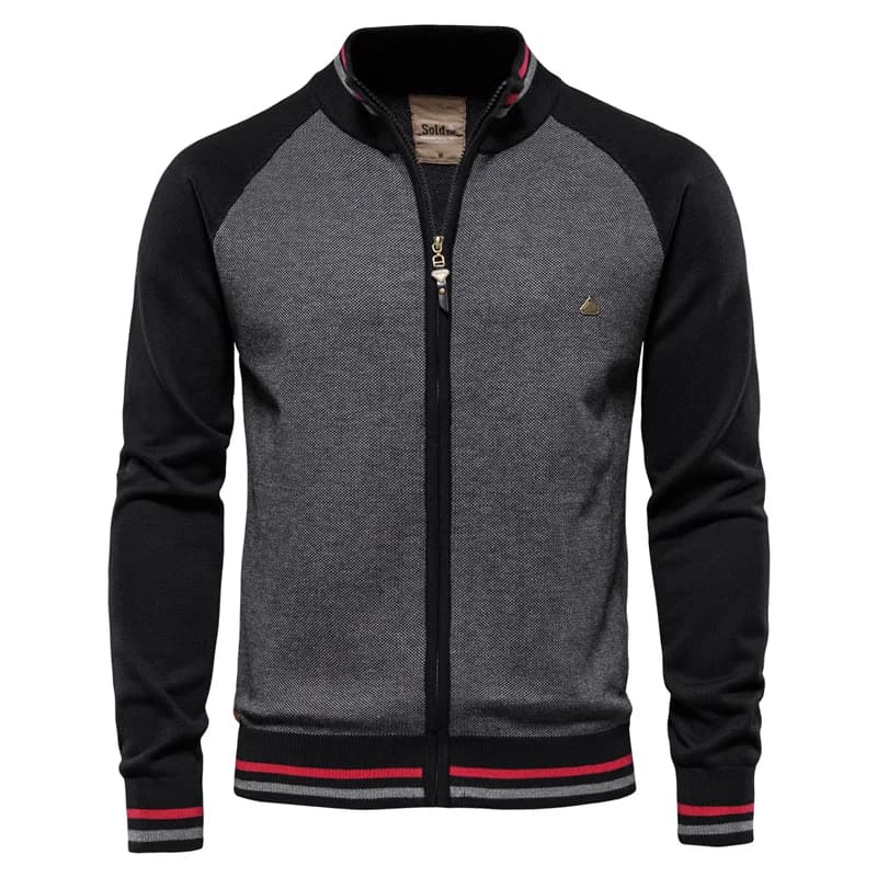 Cardigan masculino preto com zíper e listras na gola e barra, estilo retrô casual
