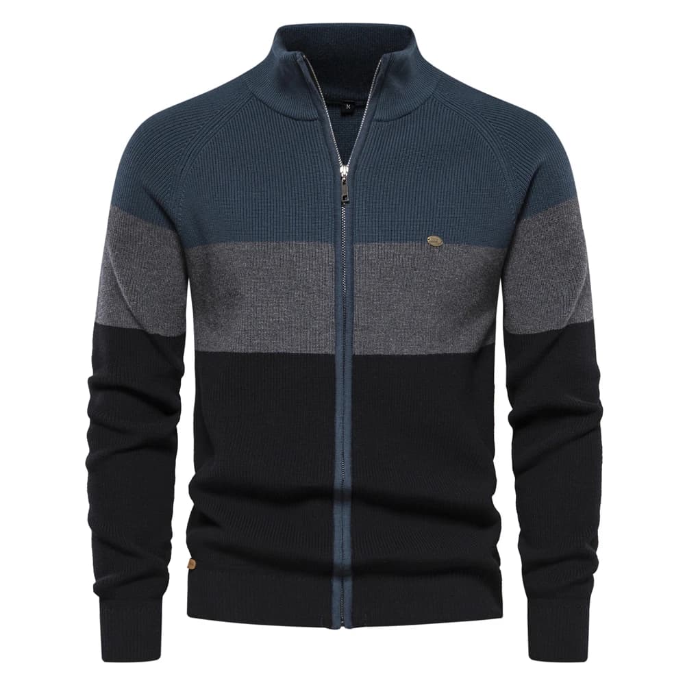 Cardigan masculino tricolor com listras em azul, cinza e preto com zíper e gola alta