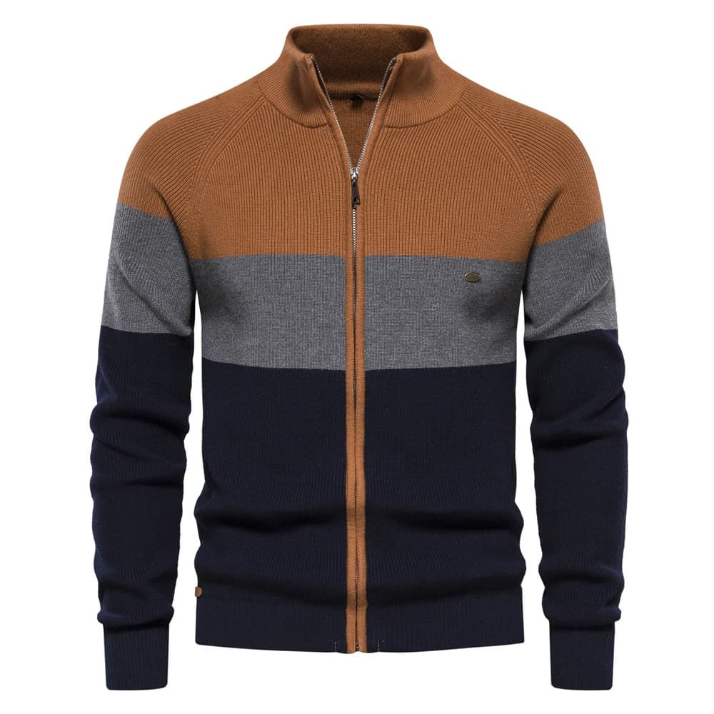 Cardigan masculino tricolor com listras em laranja, cinza e azul marinho com zíper e gola alta