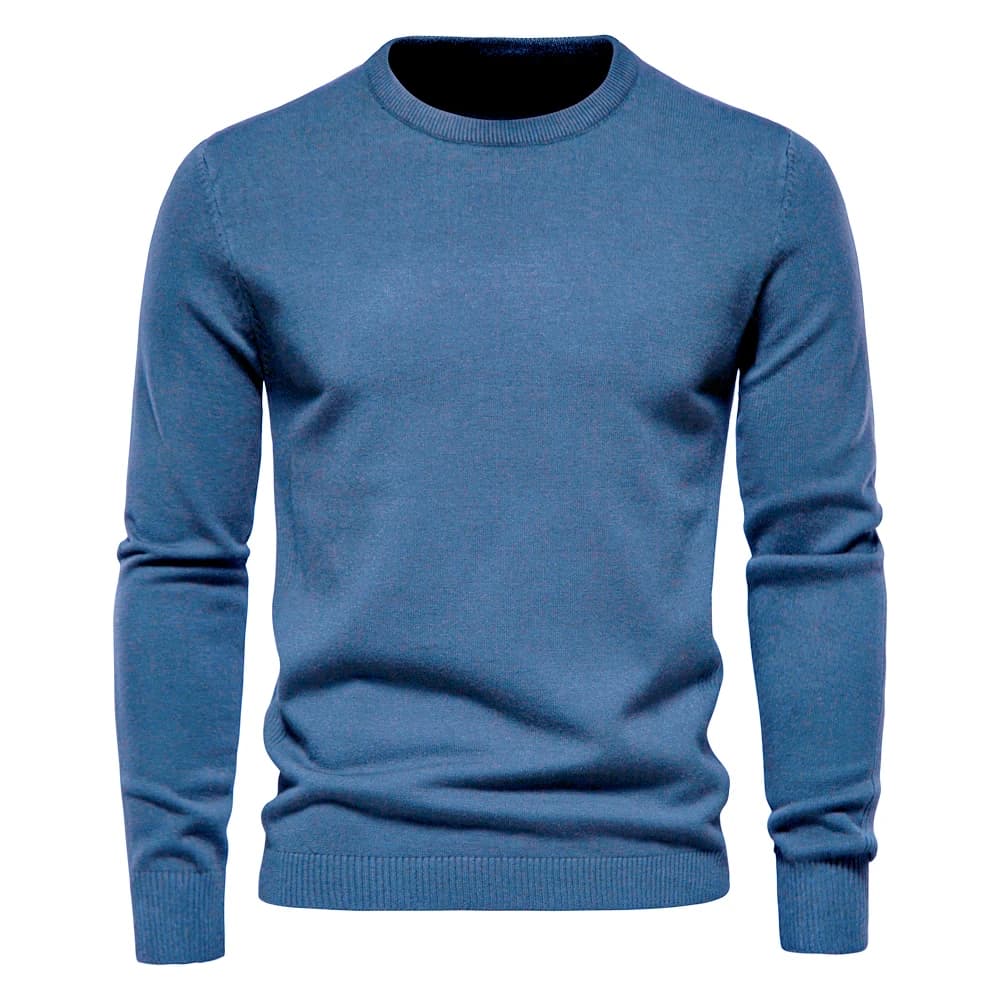 Pulôver masculino azul de tricô com gola redonda