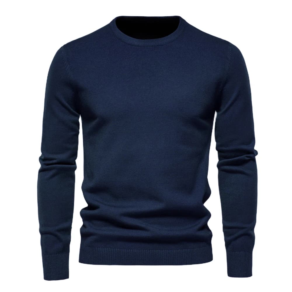 Pulôver masculino azul marinho de tricô com gola redonda