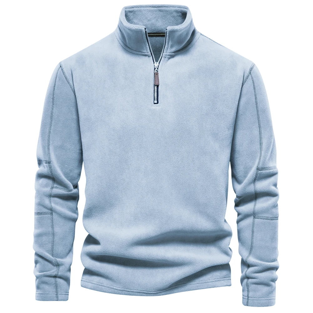Suéter masculino azul claro em fleece com zíper e gola alta – roupa térmica para frio