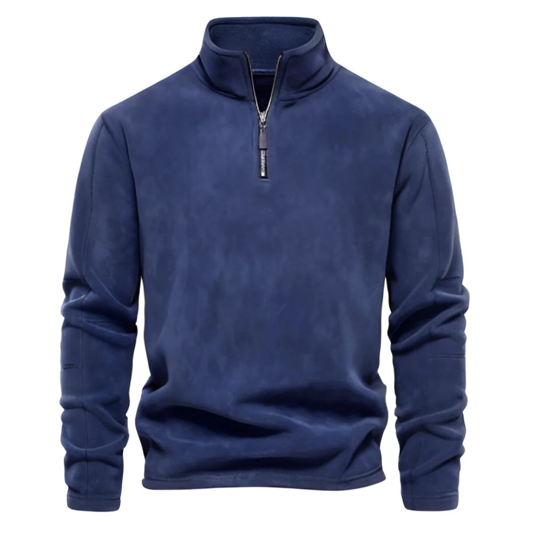 Suéter masculino azul marinho em fleece com zíper e gola alta – roupa térmica para frio