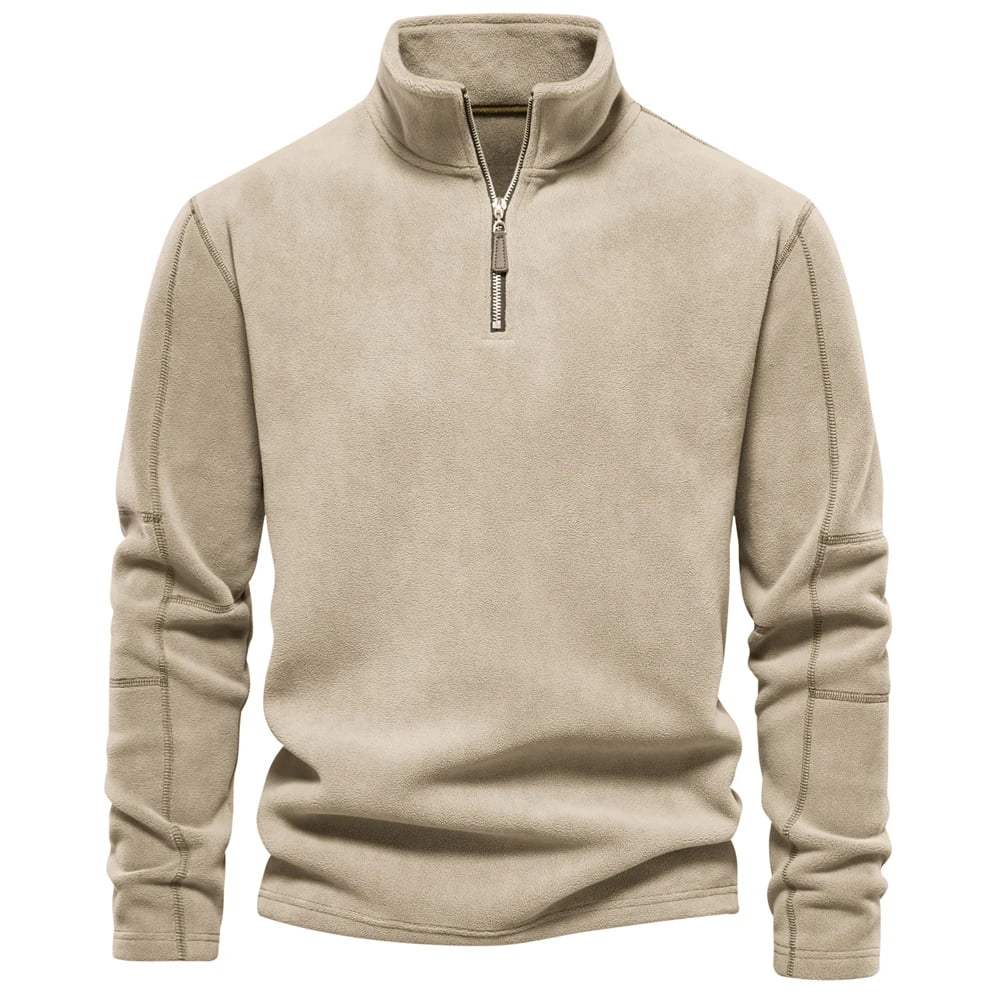 Suéter masculino bege em fleece com zíper e gola alta – roupa térmica para frio