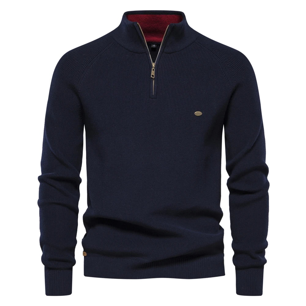 Suéter masculino tricotado azul marinho com gola alta e zíper – algodão canelado casual
