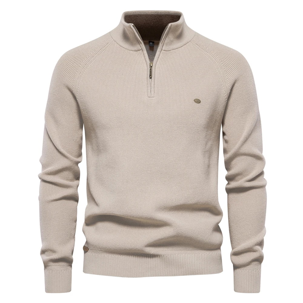 Suéter masculino tricotado cáqui com gola alta e zíper – algodão canelado casual