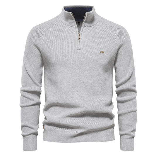 Suéter masculino tricotado cinza claro com gola alta e zíper – algodão canelado casual