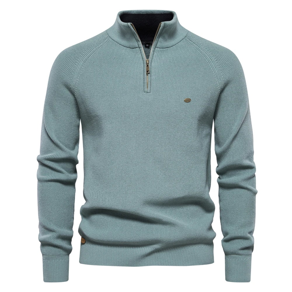 Suéter masculino tricotado lago azul com gola alta e zíper – algodão canelado casual