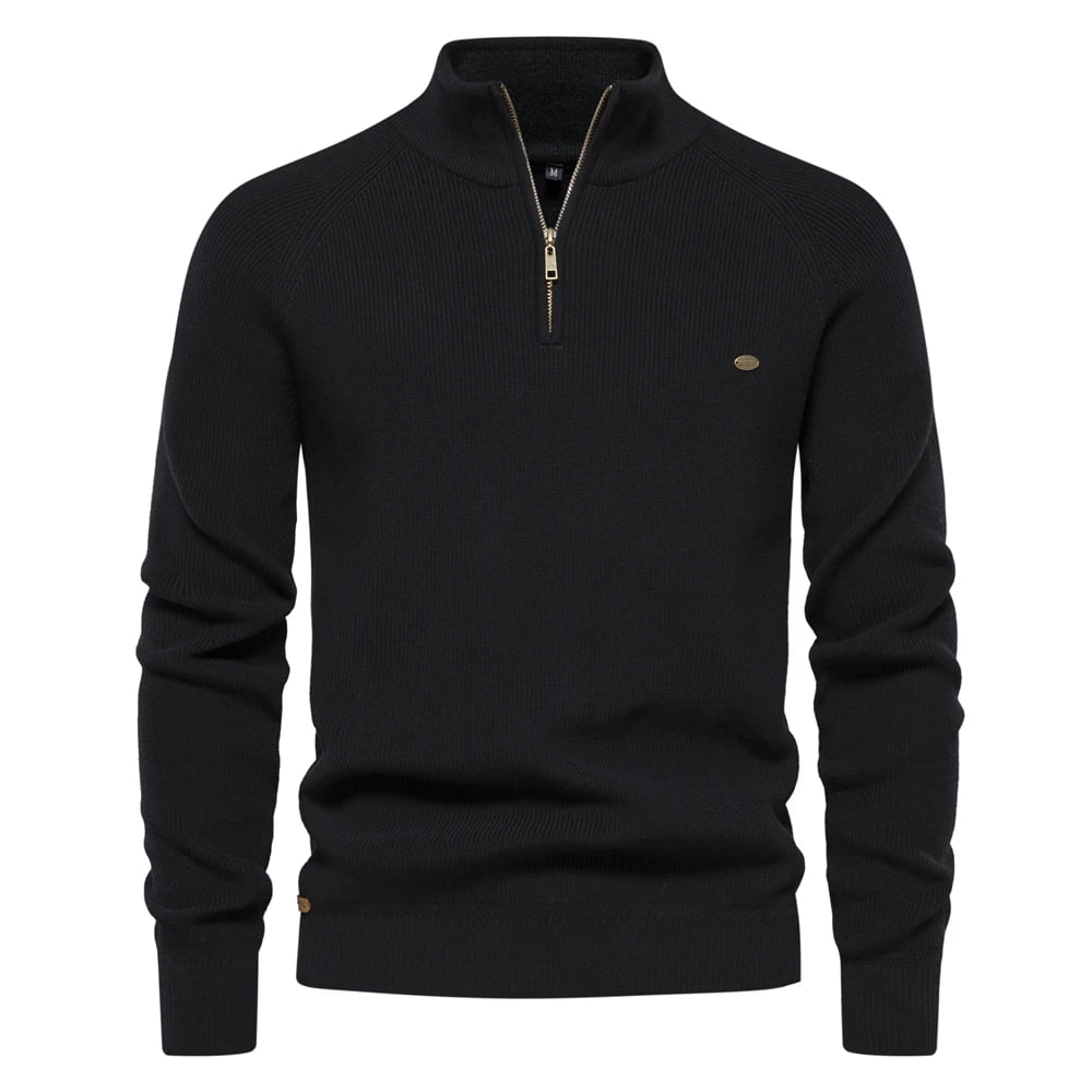 Suéter masculino tricotado preto com gola alta e zíper – algodão canelado casual
