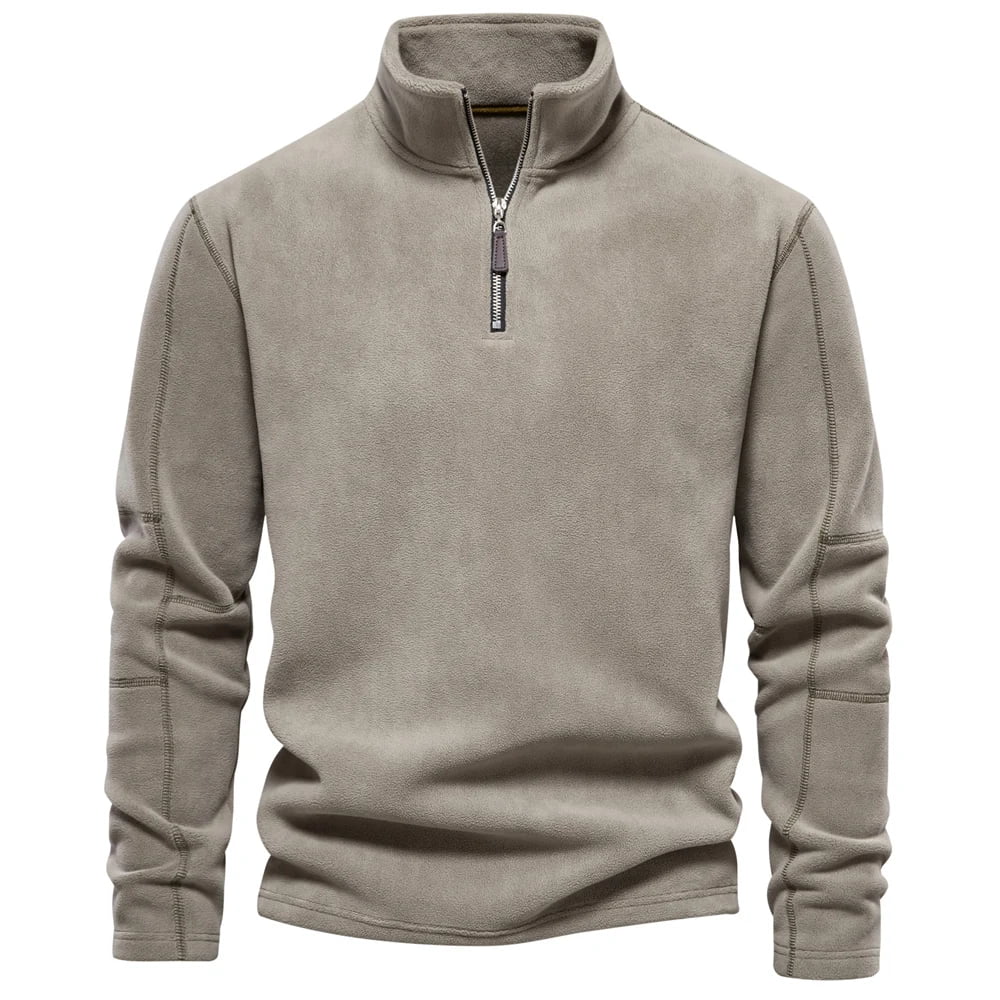 Suéter masculino cinza claro em fleece com zíper e gola alta – roupa térmica para frio