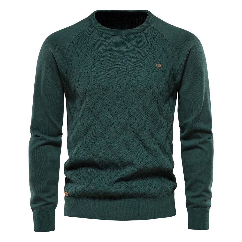 Suéter masculino verde com gola redonda e textura em losangos – algodão tricotado casual clássico
