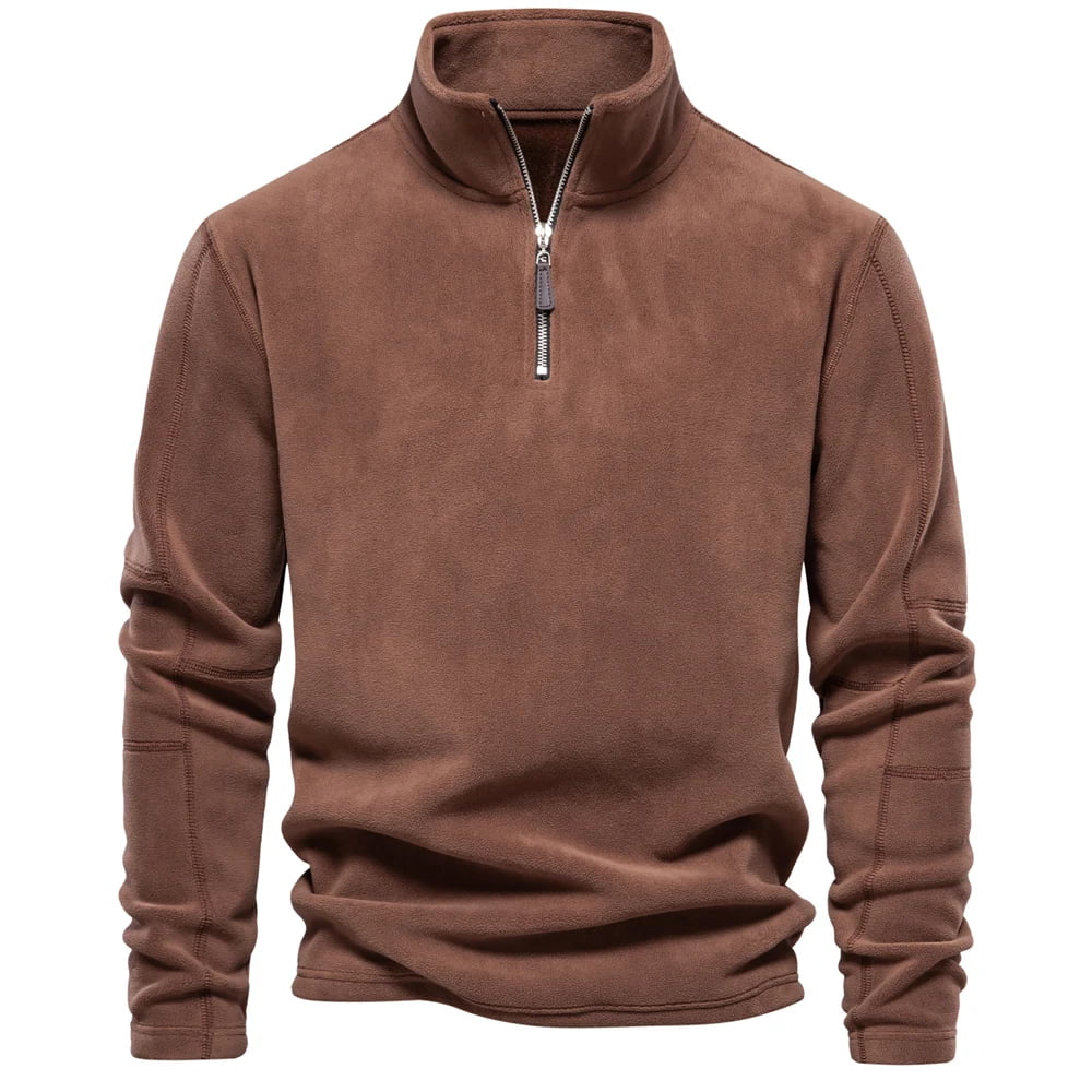 Suéter masculino marrom em fleece com zíper e gola alta – roupa térmica para frio