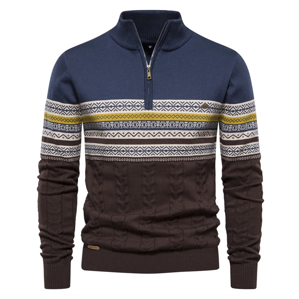 Suéter masculino com estampa nórdica, gola alta com zíper, nas cores azul jeans, e cinza com detalhes brancos
