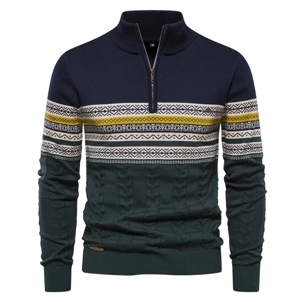 Suéter masculino com estampa nórdica, gola alta com zíper, nas cores, azul-marinho e verde com detalhes brancos.