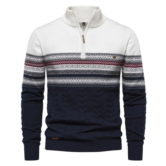 Suéter masculino com estampa nórdica, gola alta com zíper, nas cores branco, azul-marinho e vinho