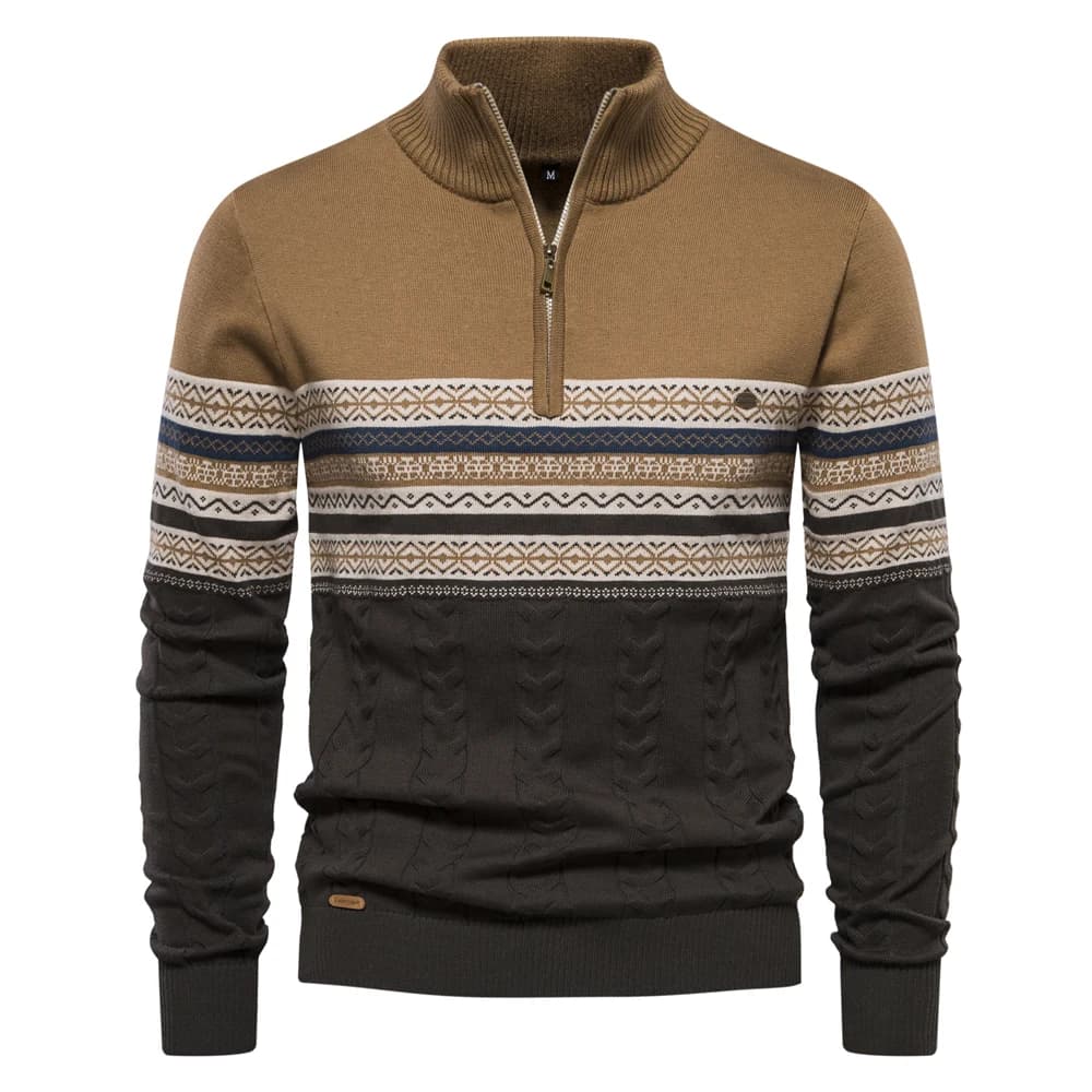 Suéter masculino com estampa nórdica, gola alta com zíper, nas cores cáqui e cinza escuro com detalhes brancos