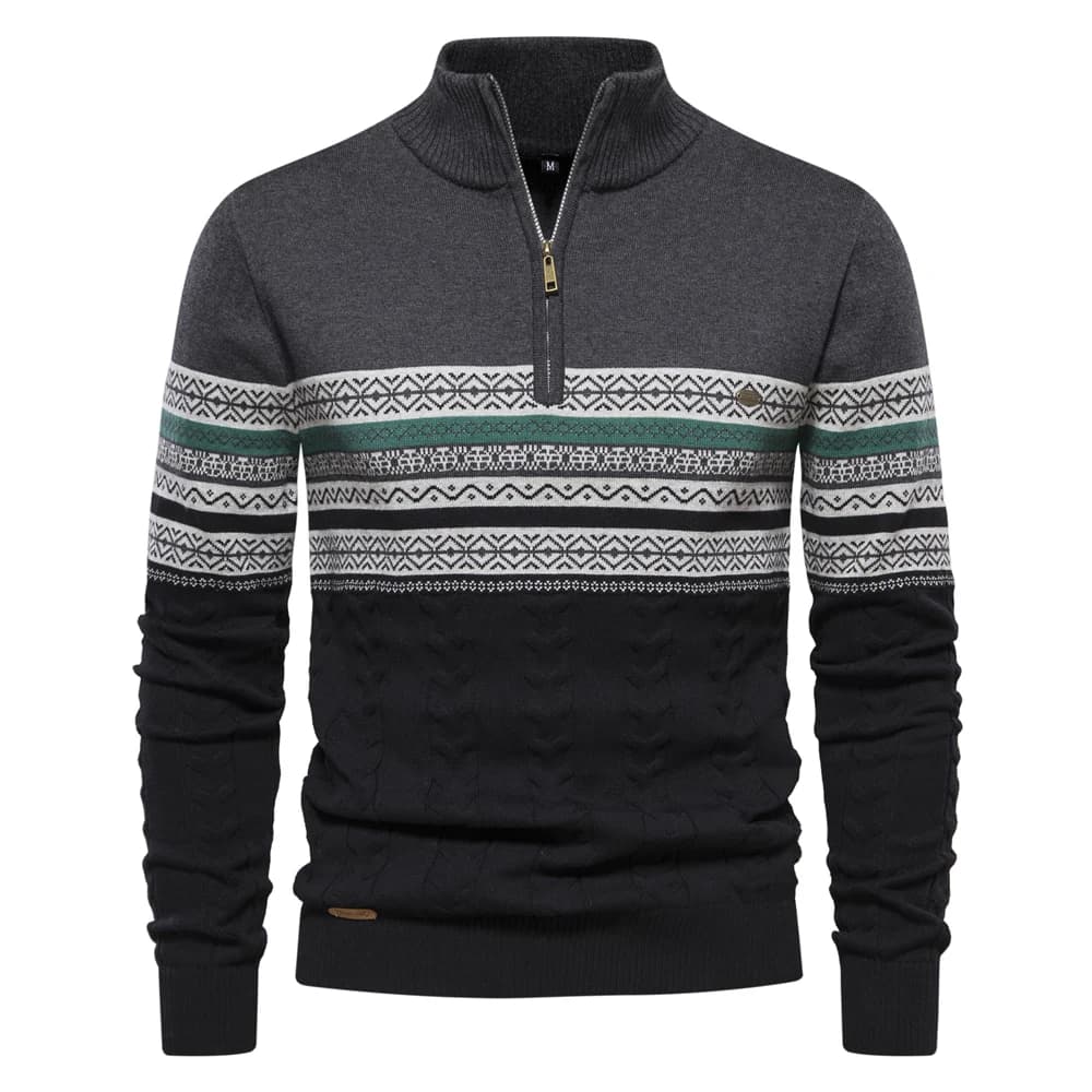 Suéter masculino com estampa nórdica, gola alta com zíper, nas cores cinza e preto com detalhes brancos.