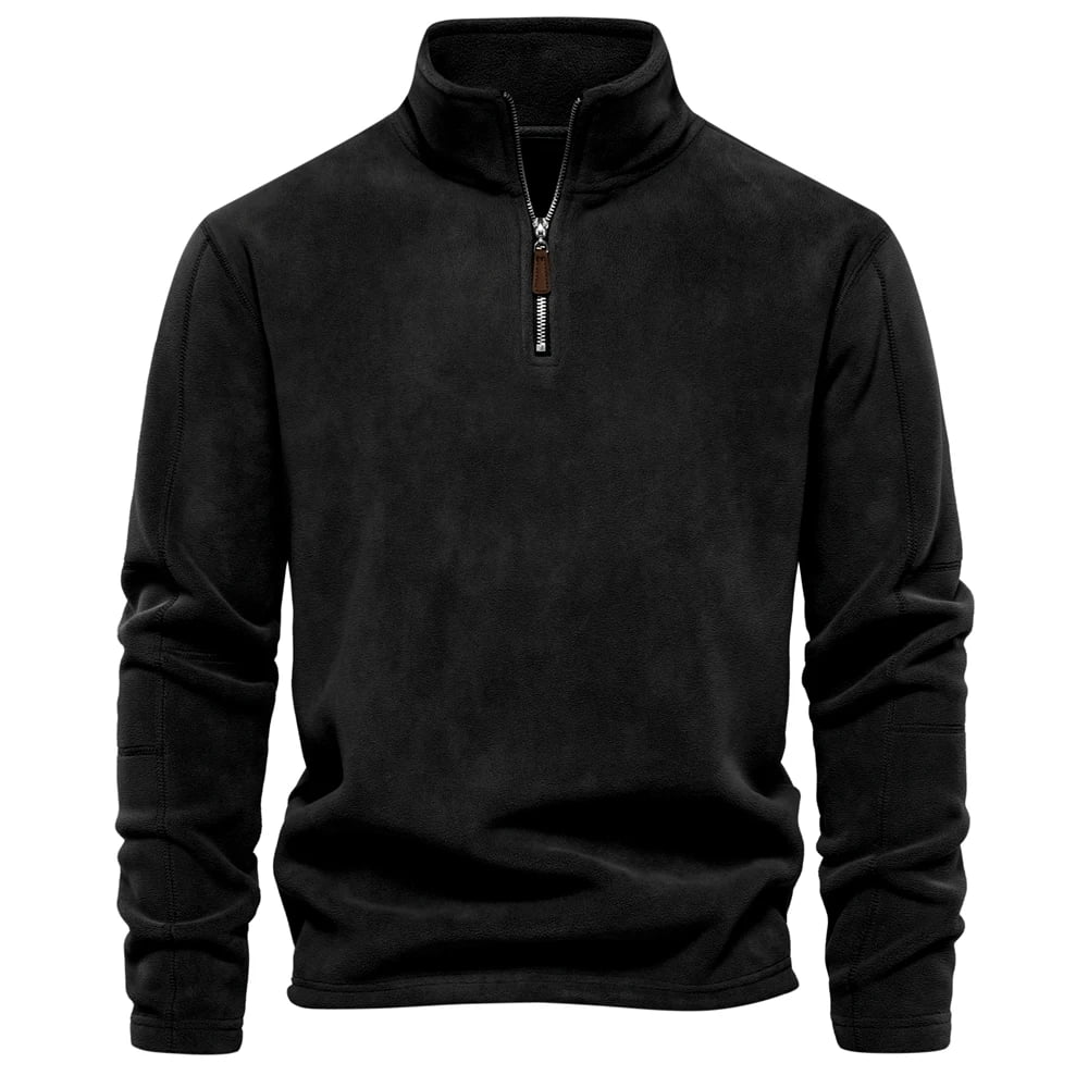 Suéter masculino preto em fleece com zíper e gola alta – roupa térmica para frio