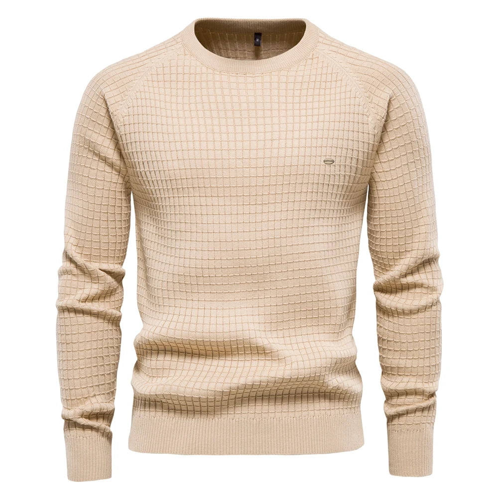 Suéter masculino cáqui com textura quadriculada e gola redonda em tricô