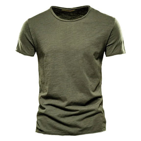 Camiseta masculina manga curta verde militar, gola redonda slim em algodão – estilo casual
