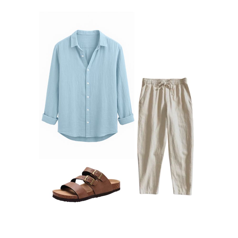 Conjunto em Linho Masculino - Camisa Recife + Calça Casual + Sandália Ubatuba