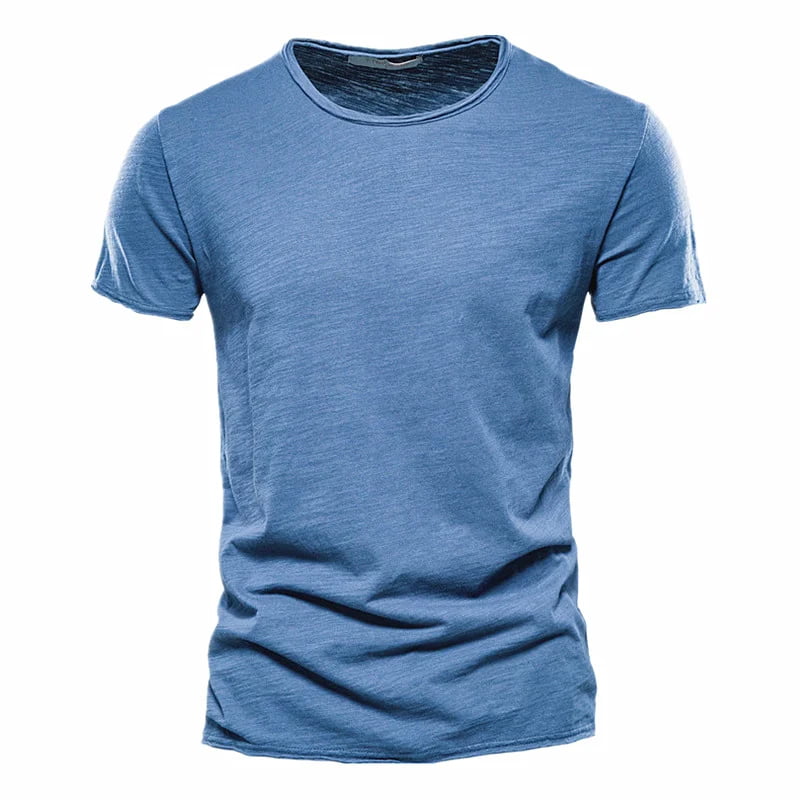 Camiseta masculina manga curta azul jeans, gola redonda slim em algodão – estilo casual