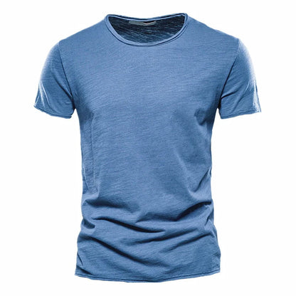 Camiseta masculina manga curta azul jeans, gola redonda slim em algodão – estilo casual