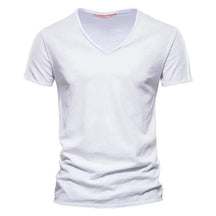 Camiseta masculina manga curta branca, gola V slim em algodão – estilo casual