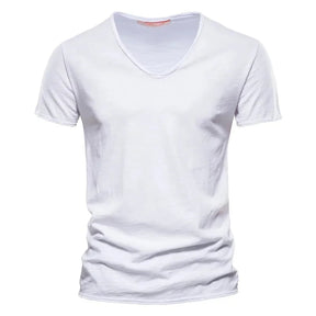 Camiseta masculina manga curta branca, gola V slim em algodão – estilo casual