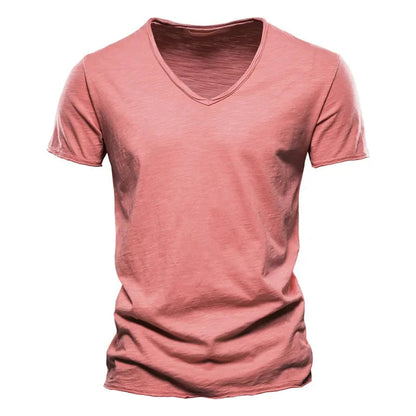 Camiseta masculina manga curta vermelha, gola V slim em algodão – estilo casual