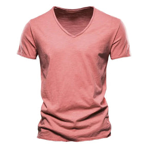 Camiseta masculina manga curta vermelha, gola V slim em algodão – estilo casual