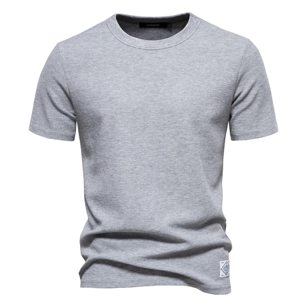 Camiseta masculina cinza claro com textura waffle e gola careca

