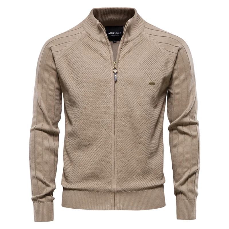 Cardigan masculino cáqui de tricô com gola alta e zíper