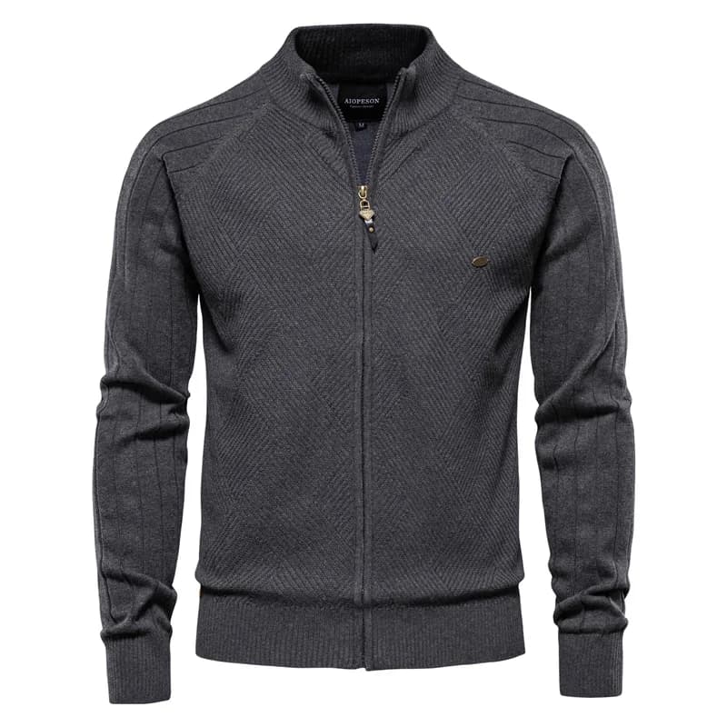 Cardigan masculino cinza escuro de tricô com gola alta e zíper
