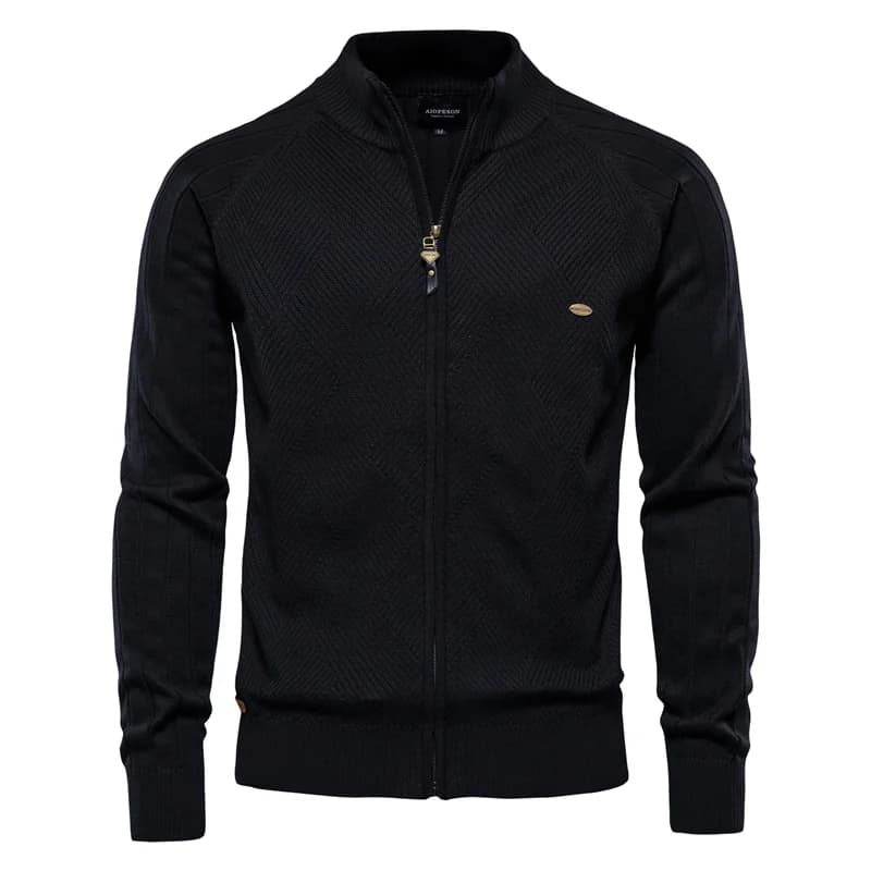 Cardigan masculino preto de tricô com gola alta e zíper