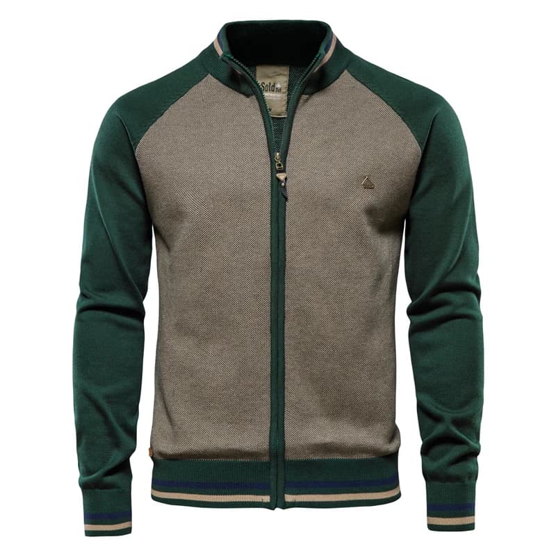 Cardigan masculino verde com zíper e listras na gola e barra, estilo retrô casual