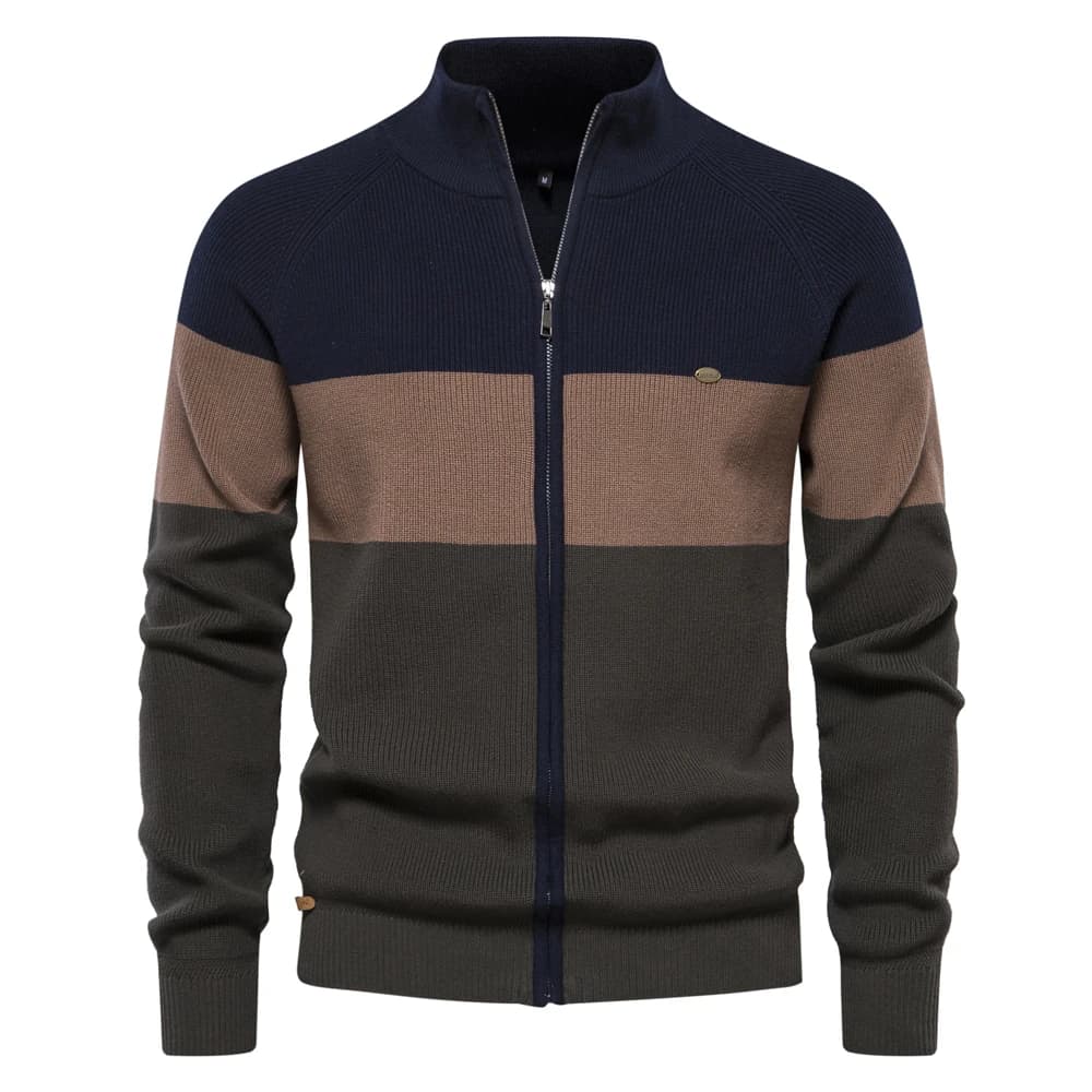 Cardigan masculino tricolor com listras em azul-marinho, marrom e verde-oliva com zíper e gola alta
