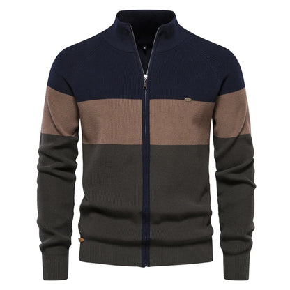 Cardigan masculino tricolor com listras em azul-marinho, marrom e verde-oliva com zíper e gola alta