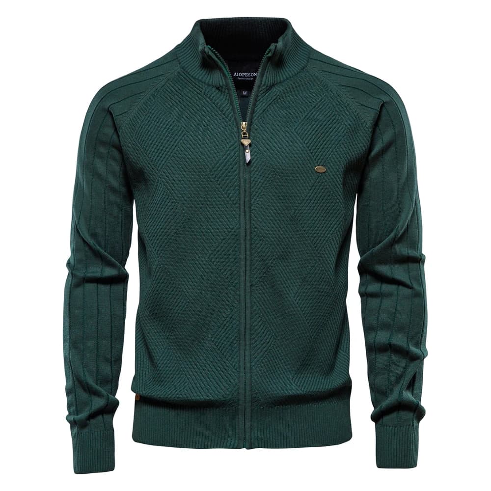 Cardigan masculino verde de tricô com gola alta e zíper