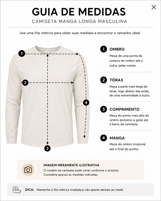 Como medir — Camiseta Masculina Manga Longa Gola Henley Itajaí
