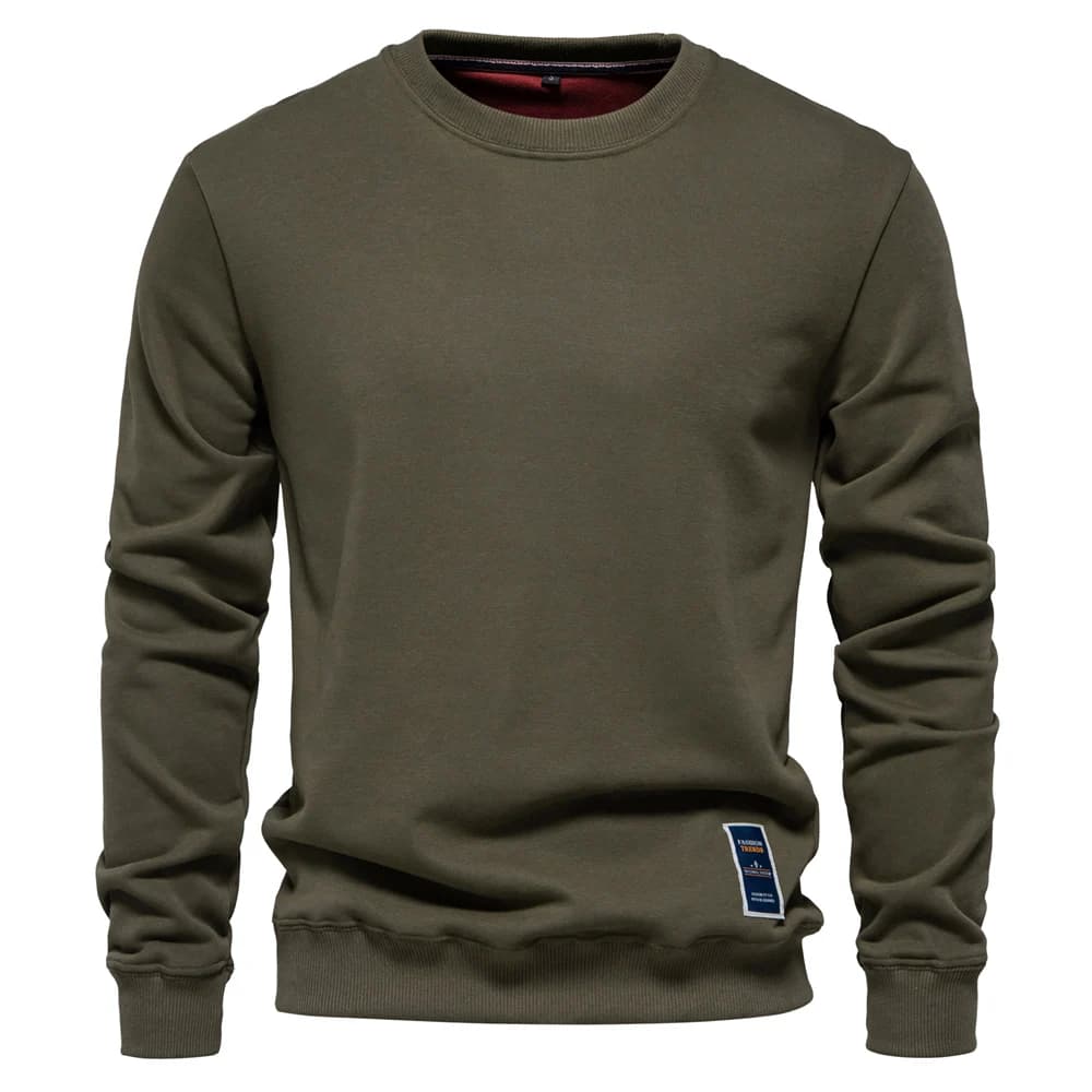 Moletom masculino liso verde militar com gola careca e etiqueta na barra