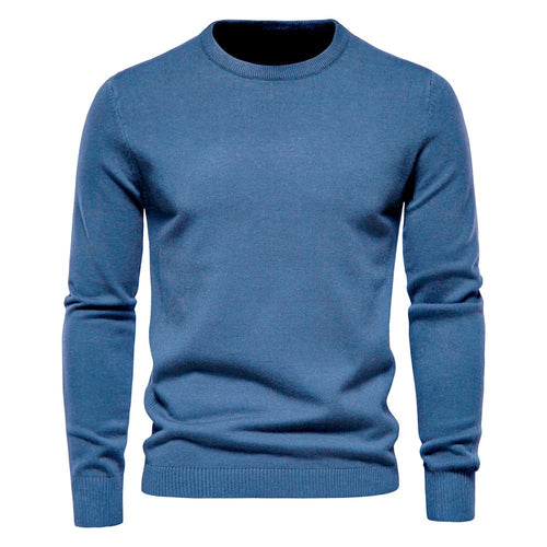 Pulôver masculino azul de tricô com gola redonda