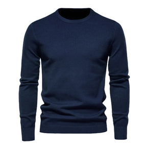 Pulôver masculino azul marinho de tricô com gola redonda