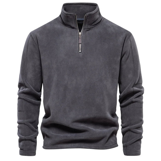 Suéter masculino cinza em fleece com zíper e gola alta – roupa térmica para frio