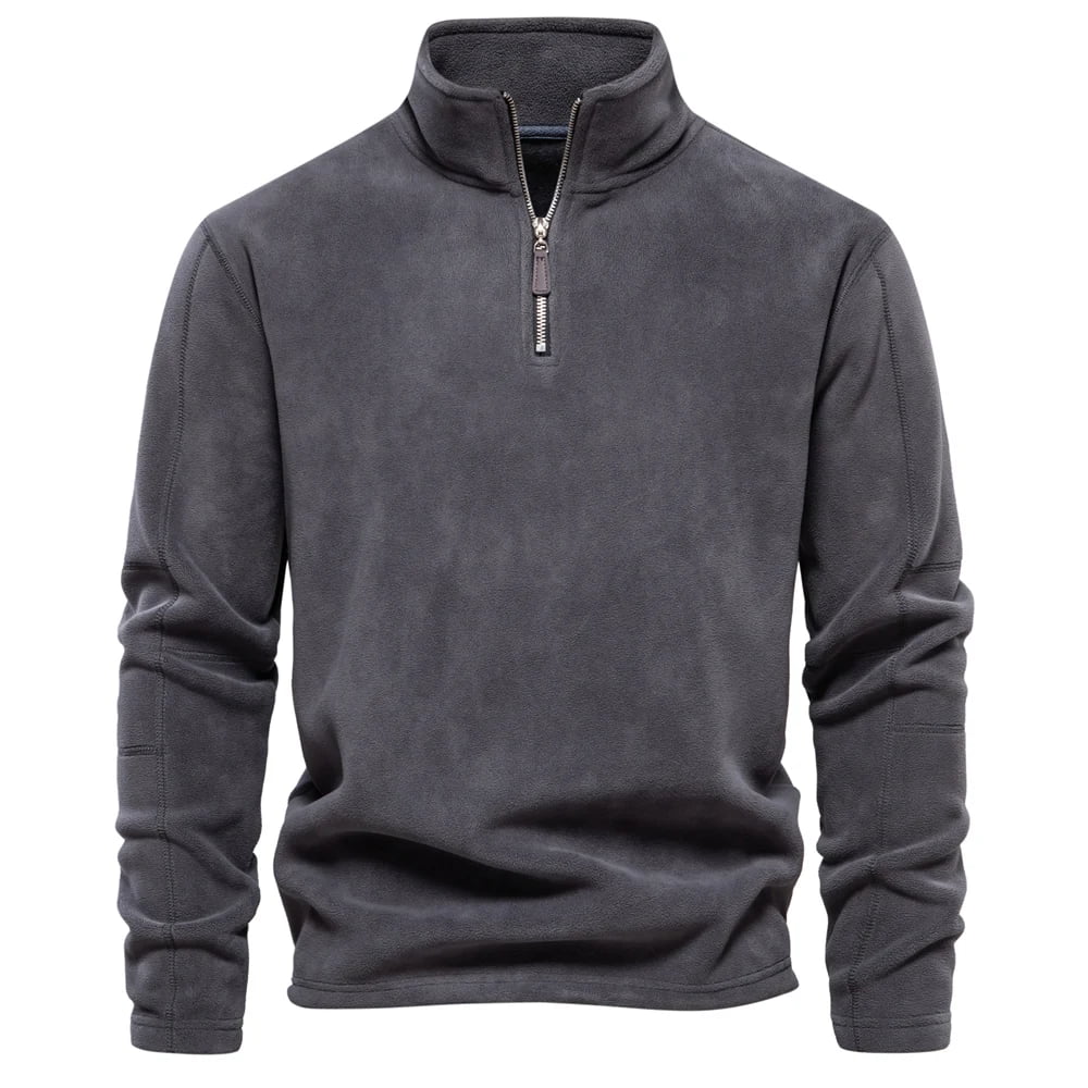 Suéter masculino cinza em fleece com zíper e gola alta – roupa térmica para frio